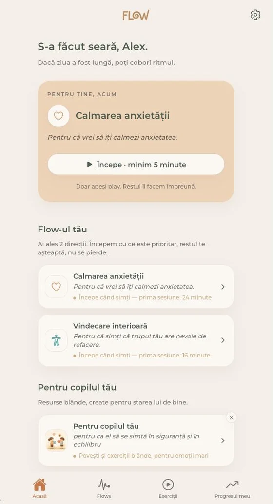 Ecranul Acasă din aplicația Flow Balance, cu sesiunile recomandate pentru azi.